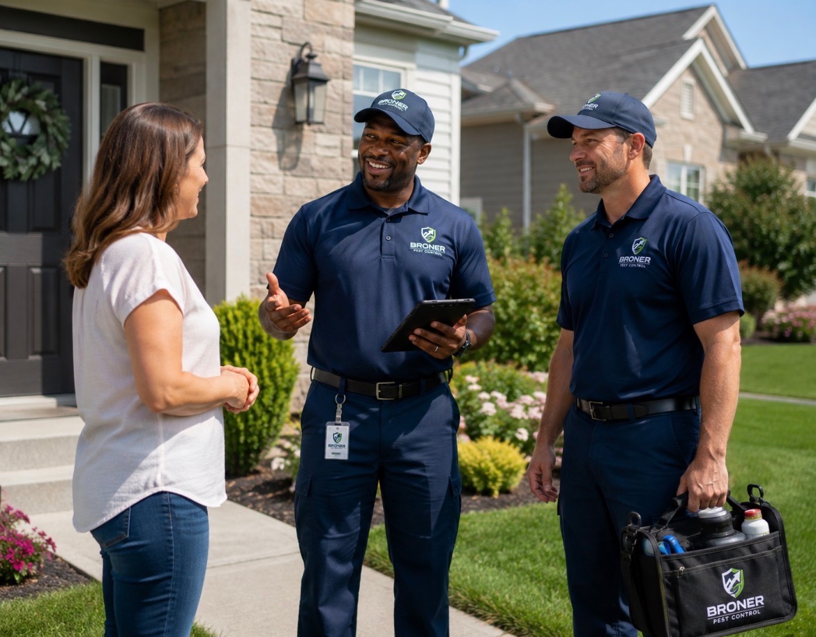 Broner Pest Control technicians speaking with a homeowner in a driveway